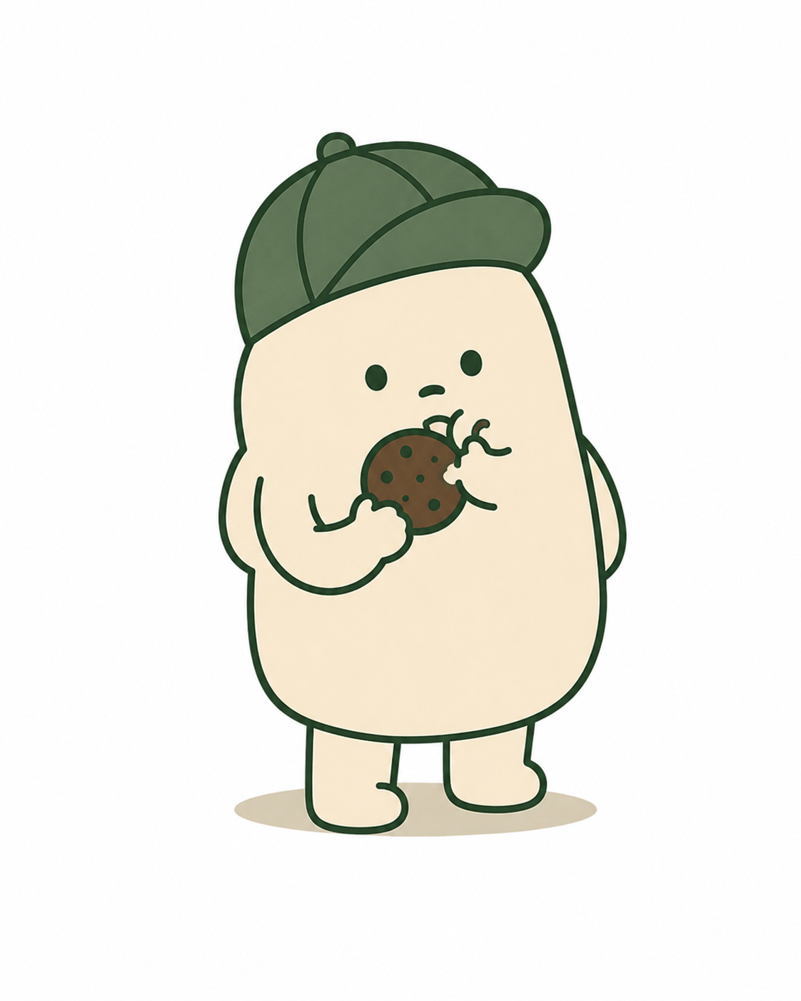 Brulett's cream-colored mascot in a green cap, enjoying a chocolate chip cookie